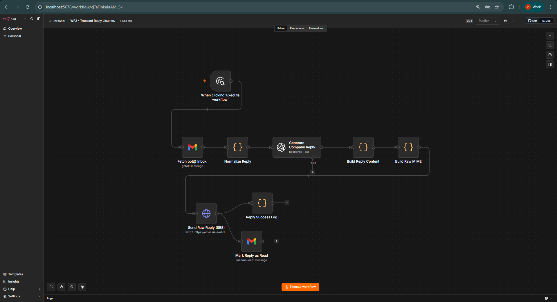 WF2 Reply Engine A workflow canvas